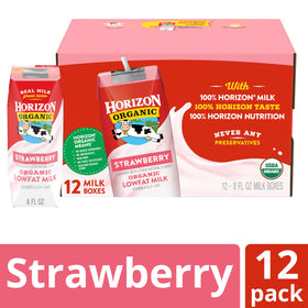 Nutrition panel on Horizon strawberry milk box highlights calcium and vitamin D