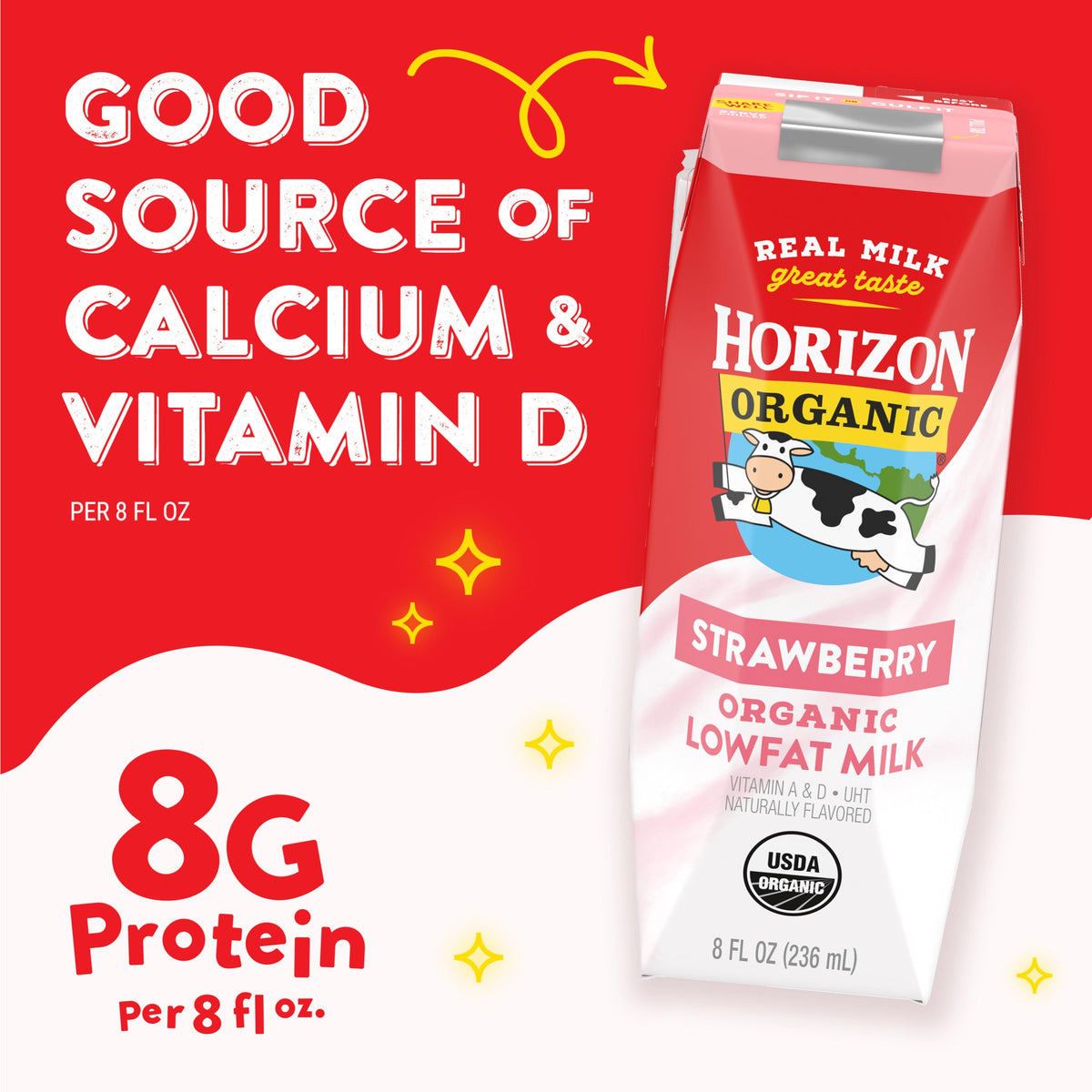 Horizon Organic strawberry milk box highlights pasture-raised cows and non-GMO feed