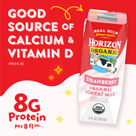 Horizon Organic strawberry milk box highlights pasture-raised cows and non-GMO feed