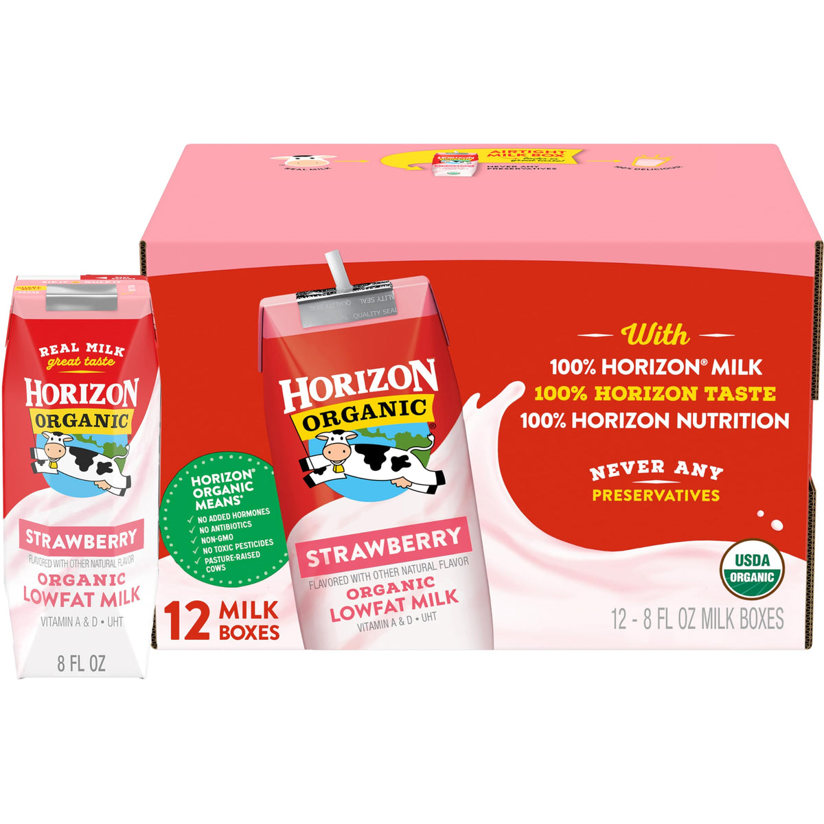 Horizon Organic shelf stable strawberry milk box pour showing grab-and-go protein boost