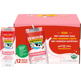 Horizon Organic shelf stable strawberry milk box pour showing grab-and-go protein boost