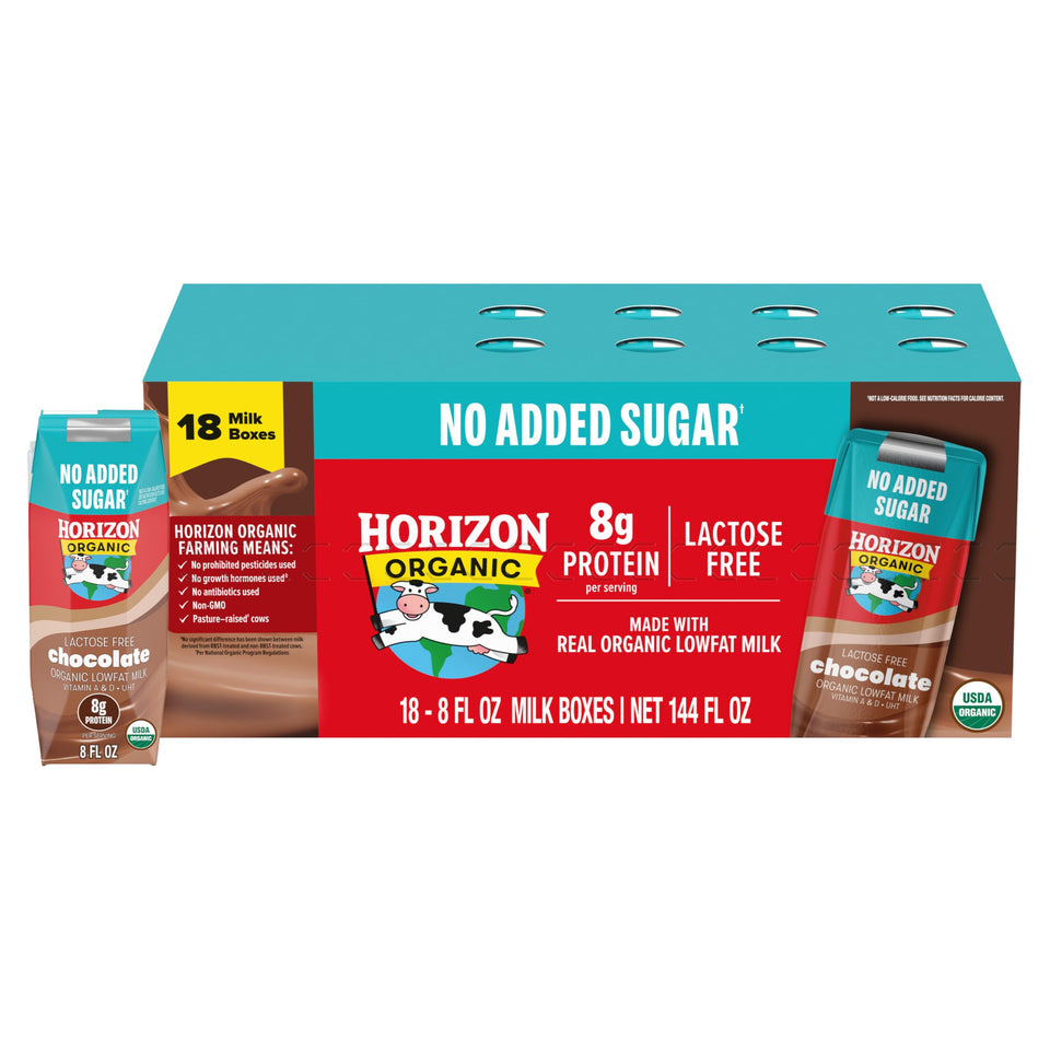 Horizon Organic shelf-stable lactose-free chocolate milk boxes offer convenient real milk taste.