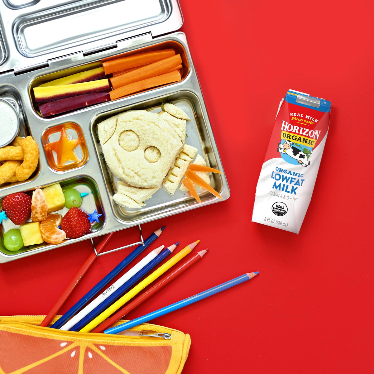 Horizon Organic milk box lunchbox image highlights protein-rich snack for kids.