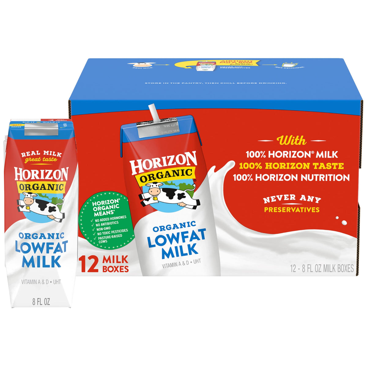 Horizon Organic shelf-stable milk box pour demonstrates easy on-the-go nutrition.