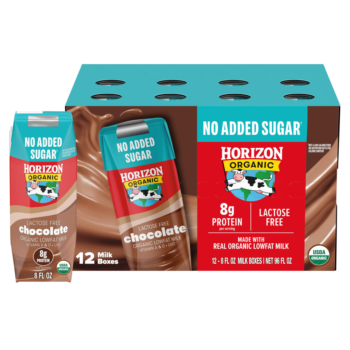 Horizon Organic shelf-stable lactose-free chocolate milk boxes, convenient 12-pack for lunches.