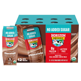 Horizon Organic shelf-stable lactose-free chocolate milk boxes, convenient 12-pack for lunches.