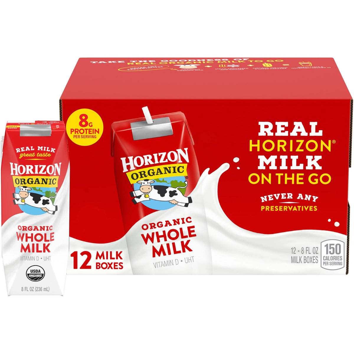 Horizon Organic milk box for lunchboxes, creamy dairy with calcium and protein.
