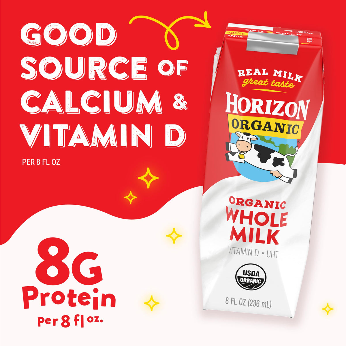 Horizon Organic shelf-stable milk box, non-refrigerated storage for quick snacks.