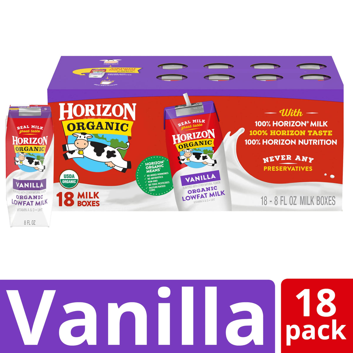 Horizon Organic UHT vanilla milk box delivers creamy vanilla taste in a convenient single-serve