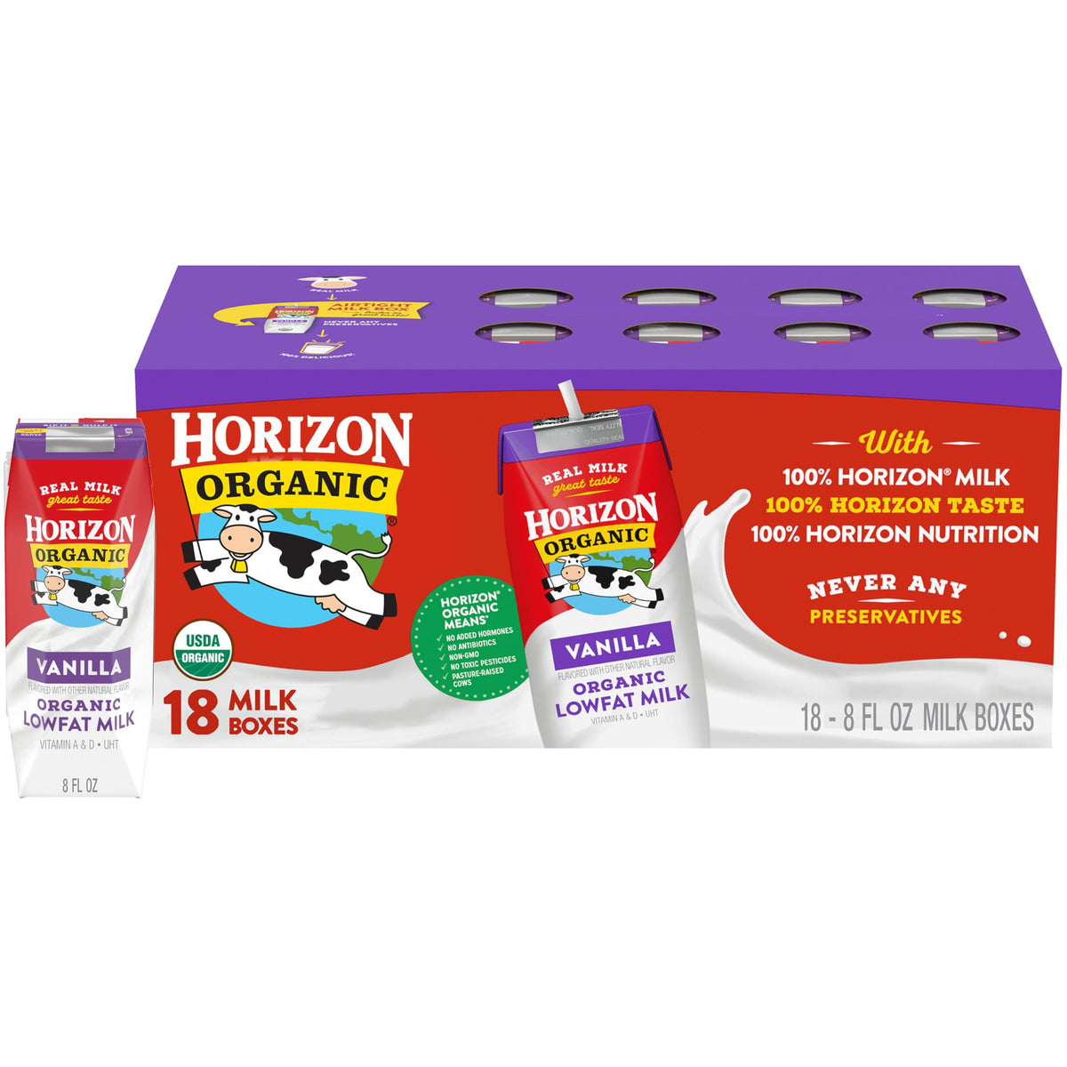 Horizon Organic vanilla milk box 8oz 18ct for school lunches and on-the-go nutrition