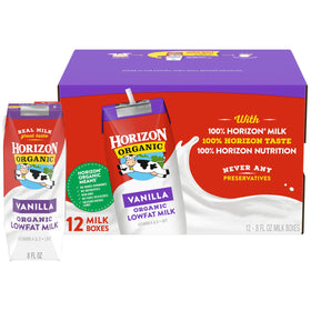 Horizon Organic vanilla milk boxes front view with a convenient 12-pack for lunches.