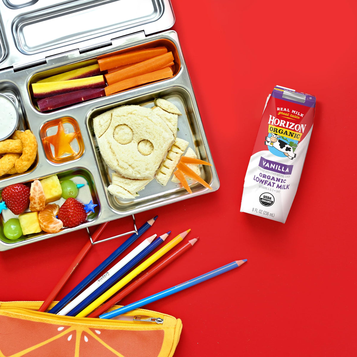 Horizon Organic vanilla milk boxes nutrition panel highlighting vitamins A and D.