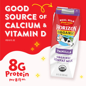 Horizon Organic vanilla milk boxes on-the-go packaging for quick snacks.