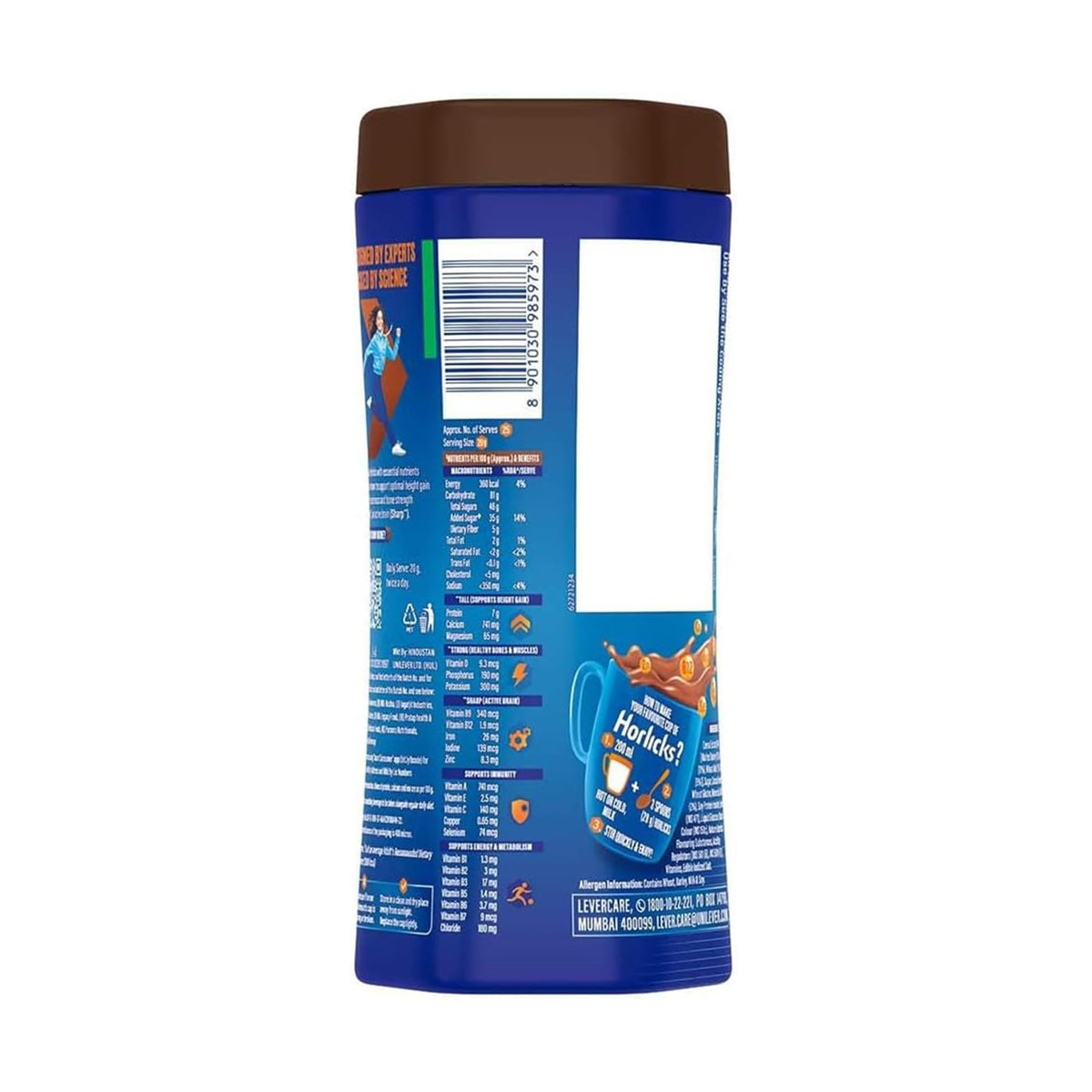 Horlicks Chocolate Malt Powder cup-steam, ideal for comforting hot beverages.