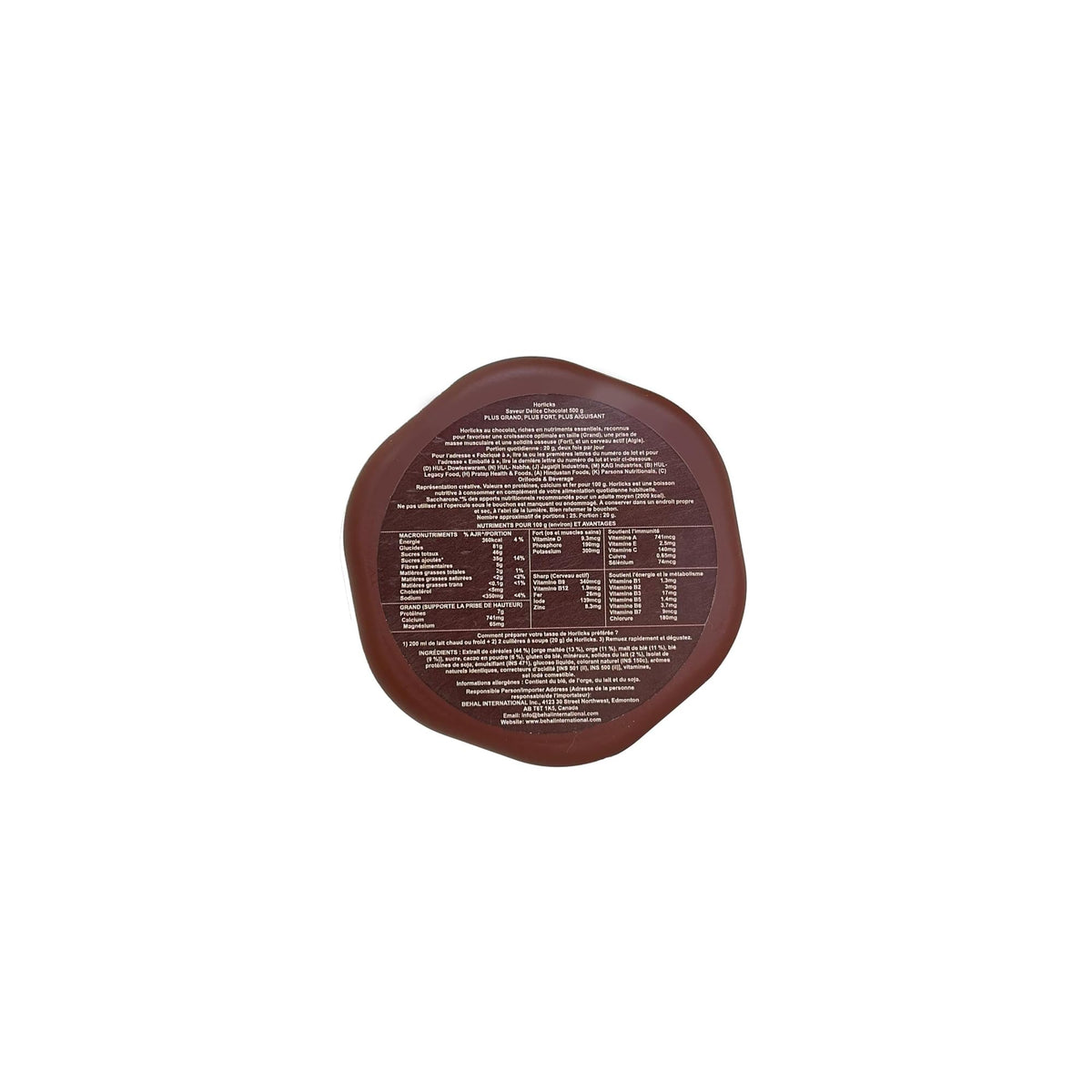 Horlicks Chocolate Malt Powder measuring-cup, convenient for quick servings.