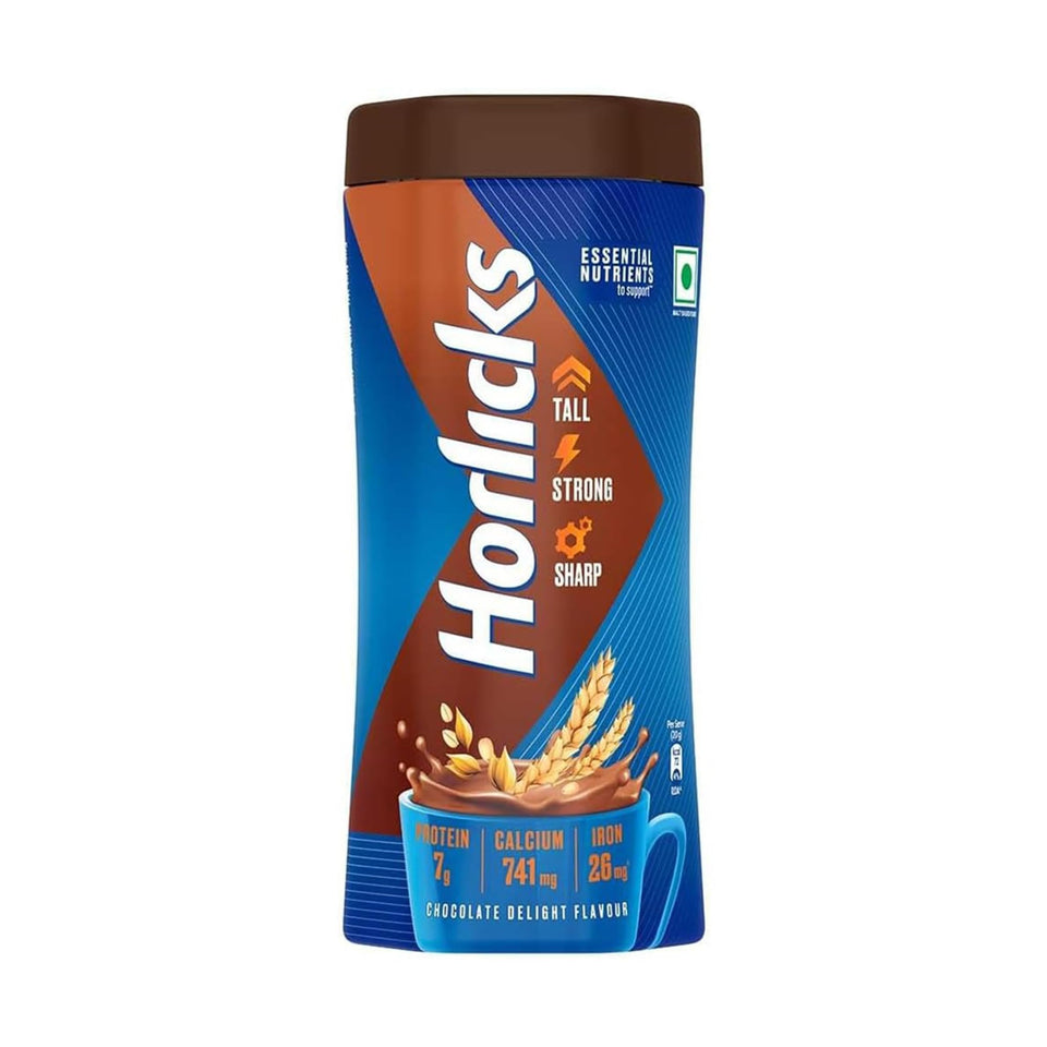 Horlicks Chocolate Malt Powder pack view, ready for creamy drinks.