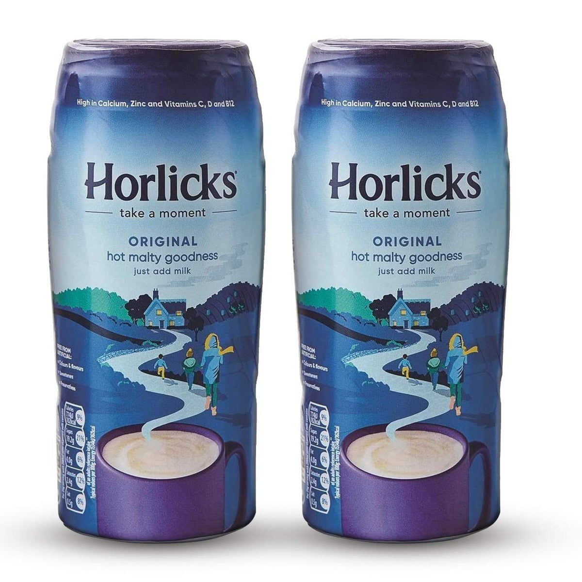 Horlicks malted milk powder two-pack jar—creamy, malty aroma and smooth texture.