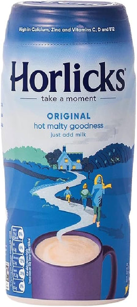 Horlicks Original malt beverage mix being poured into milk for a comforting night-time drink