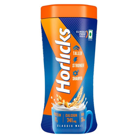 Horlicks Original Malt Plain 1kg pack on shelf for daily nourishing beverages.