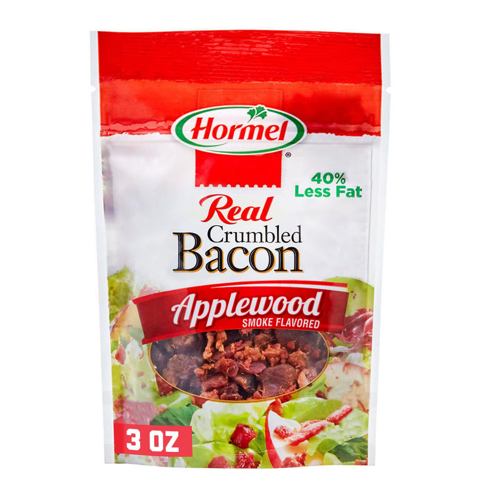 HORMEL Applewood crumbled bacon in a 3oz bag adds smoky crunch to meals.