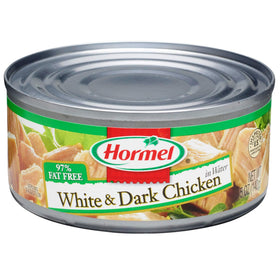 Hormel canned chicken with white and dark chunks, ready to boost salads and sandwiches.