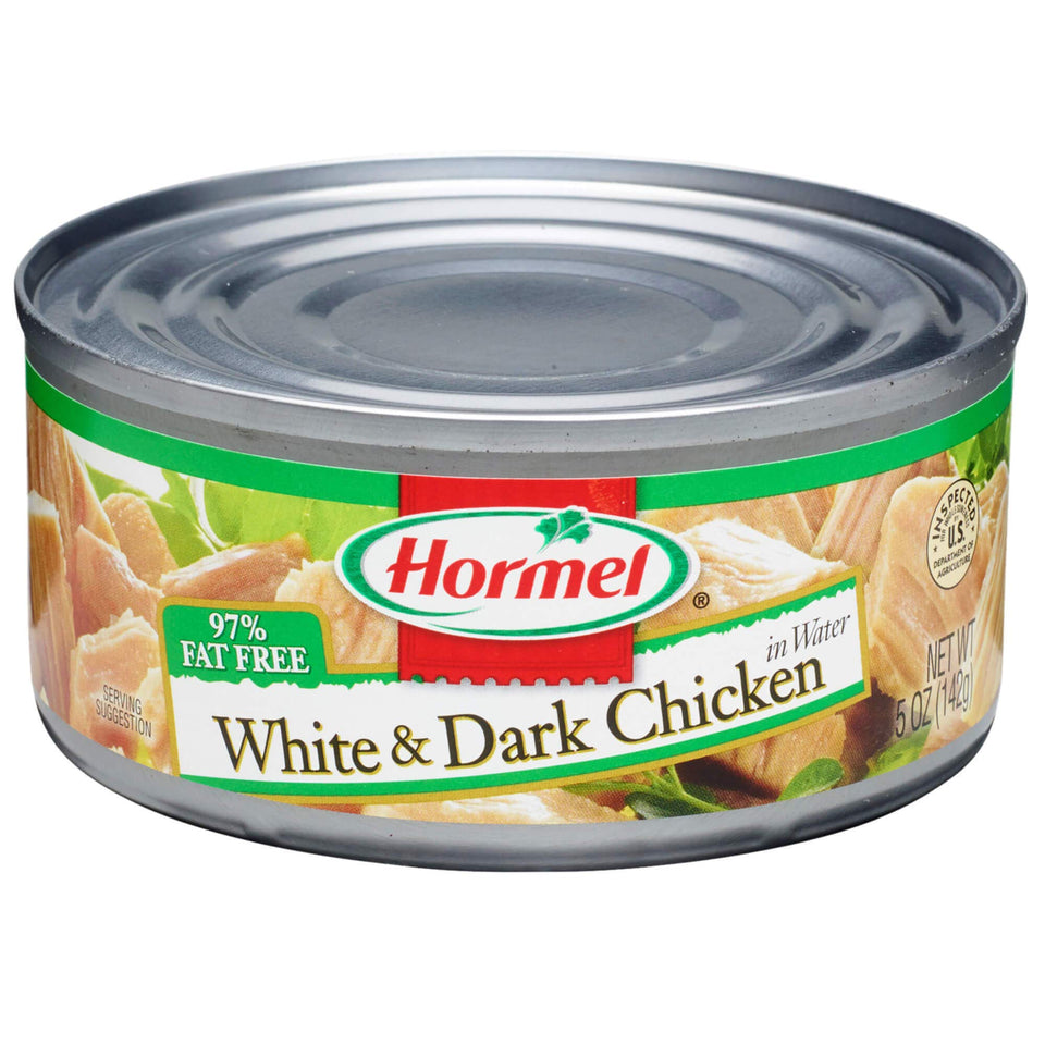 Hormel canned chicken with white and dark chunks, ready to boost salads and sandwiches.