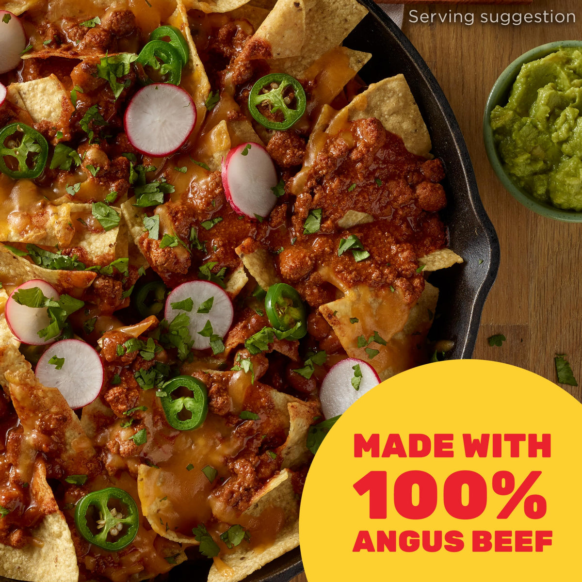 Hormel Angus Beef Chili with Beans in a bowl, hot and ready
