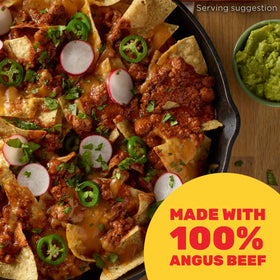 Hormel Angus Beef Chili with Beans in a bowl, hot and ready