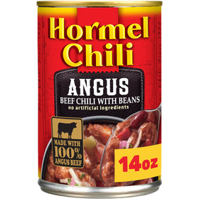 Hormel Angus Beef Chili with Beans can front view, protein-packed ready meal