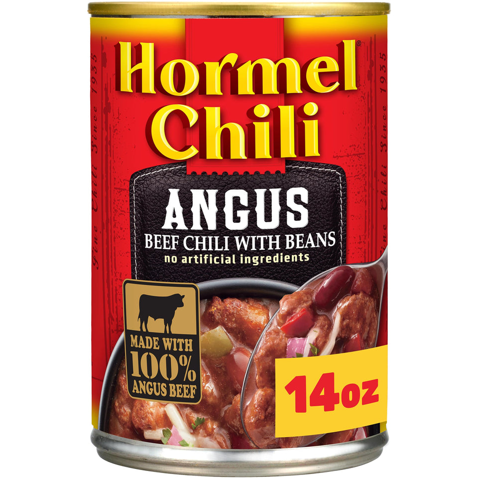 Hormel Angus Beef Chili with Beans can front view, protein-packed ready meal