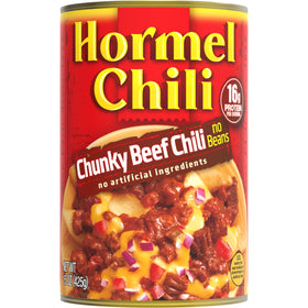 Hormel Chili Chunky No Beans can front view showing hearty meat chunks for bowls and dips