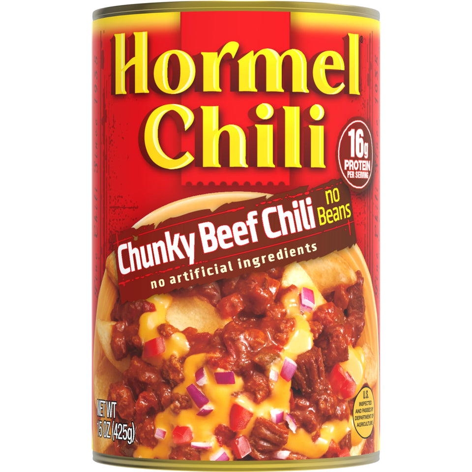 Hormel Chili Chunky No Beans can front view showing hearty meat chunks for bowls and dips