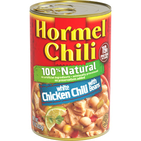 Hormel White Chicken Chili with Beans 15 oz can, all-natural ingredients for hearty bowls.