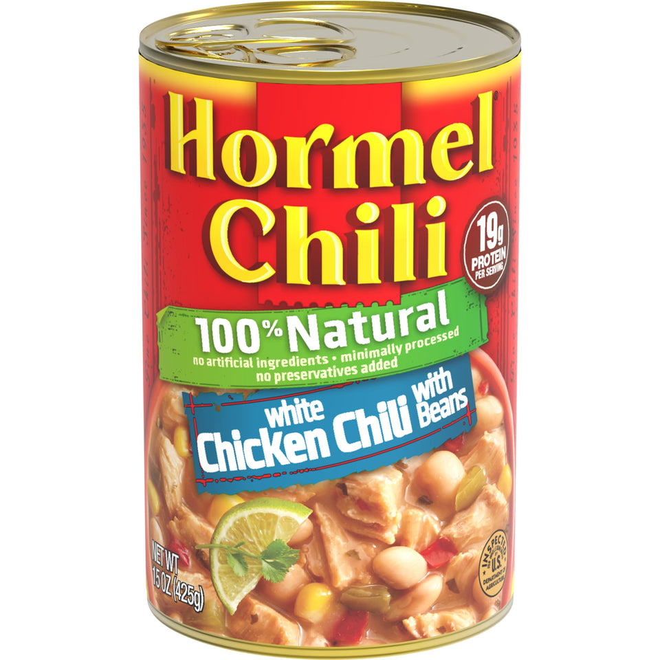 Hormel White Chicken Chili with Beans 15 oz can, all-natural ingredients for hearty bowls.