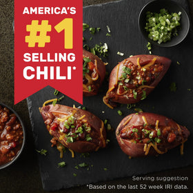 Hormel Plant Based Chili with Beans serving-bowl shows rich, hearty chili for bowls.