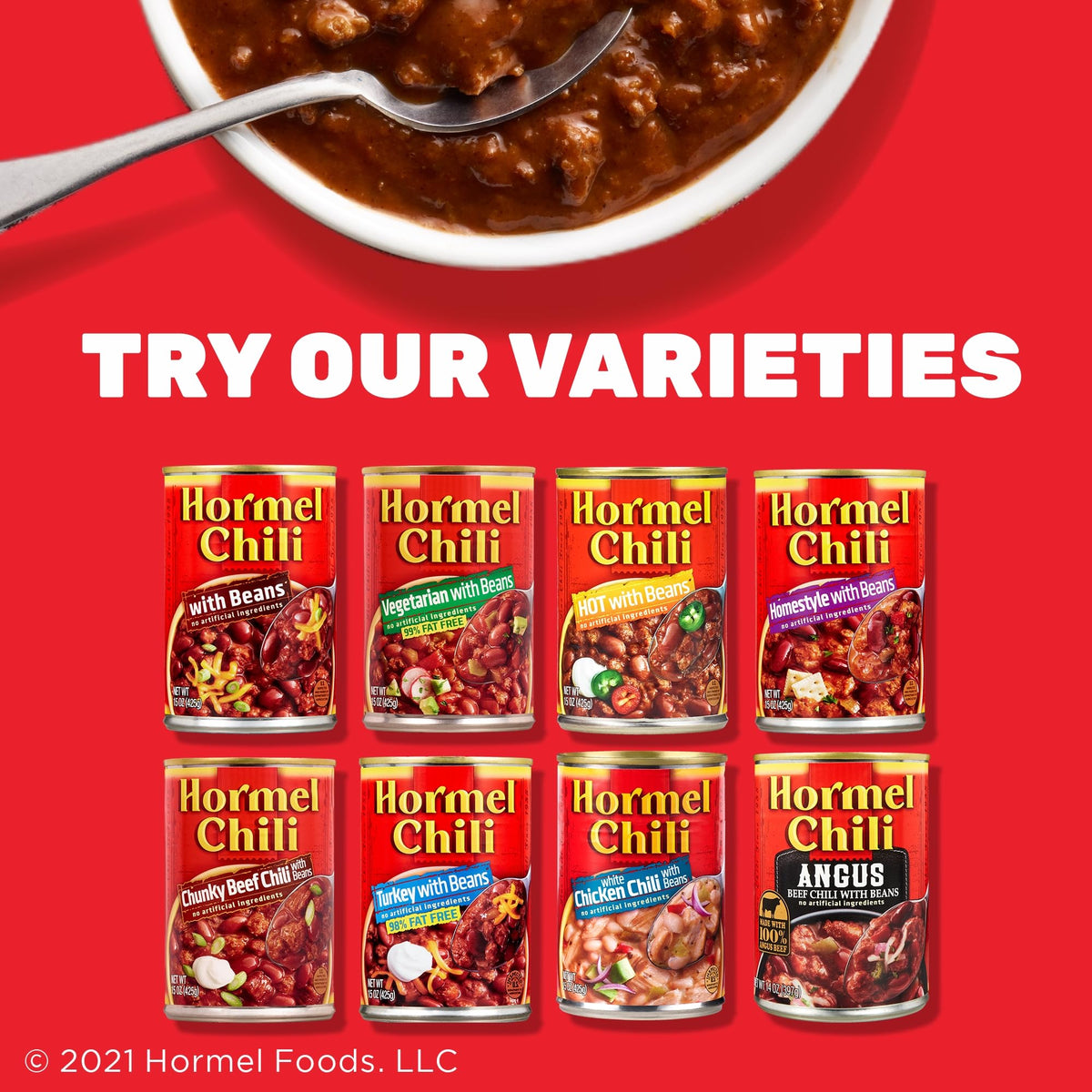 Hormel Chili varieties with beans and without beans expand meal ideas.