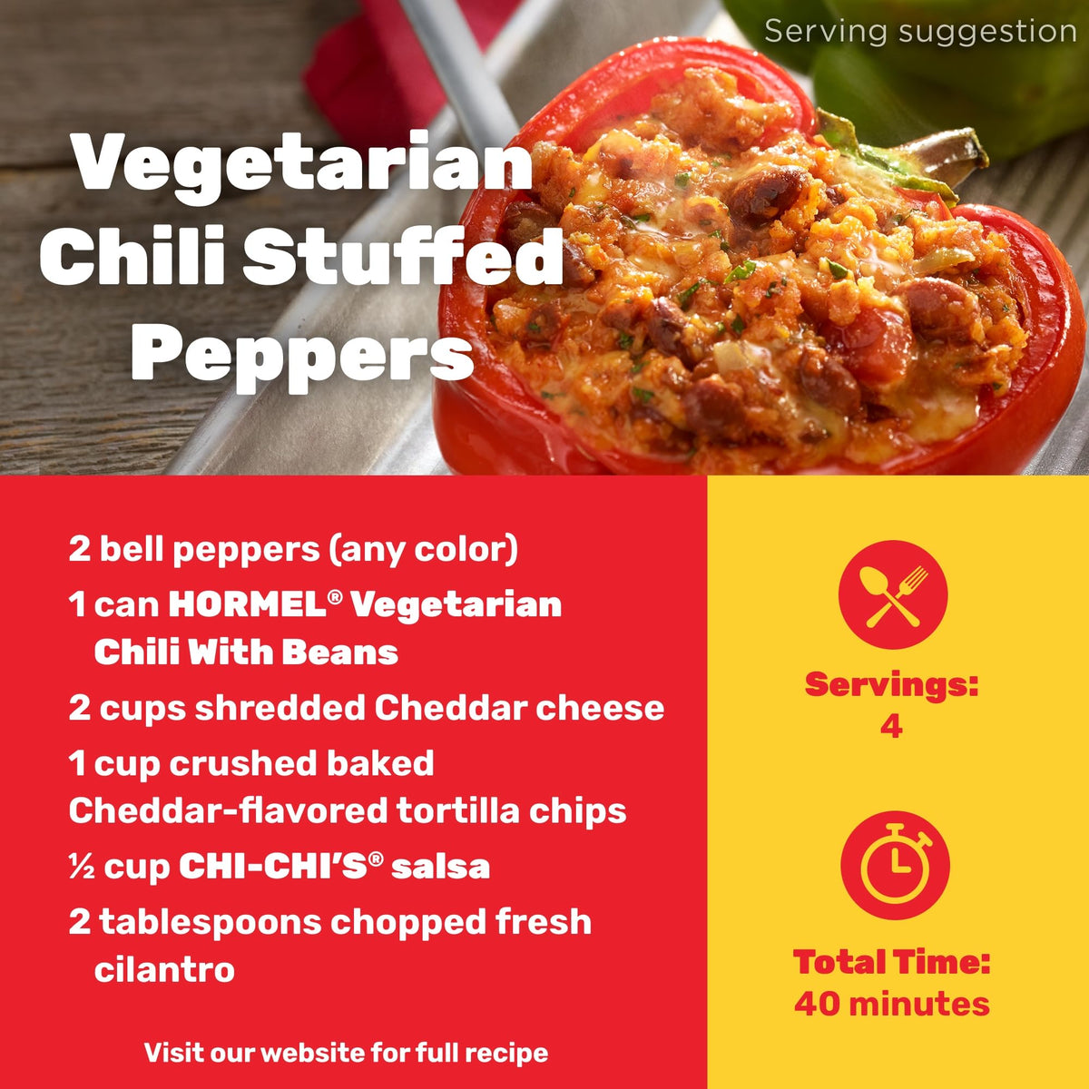 Six cans in a pack of Hormel Chili Vegetarian with Beans on a kitchen counter