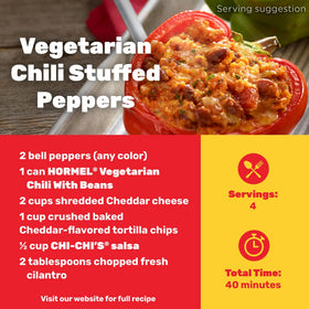 Six cans in a pack of Hormel Chili Vegetarian with Beans on a kitchen counter
