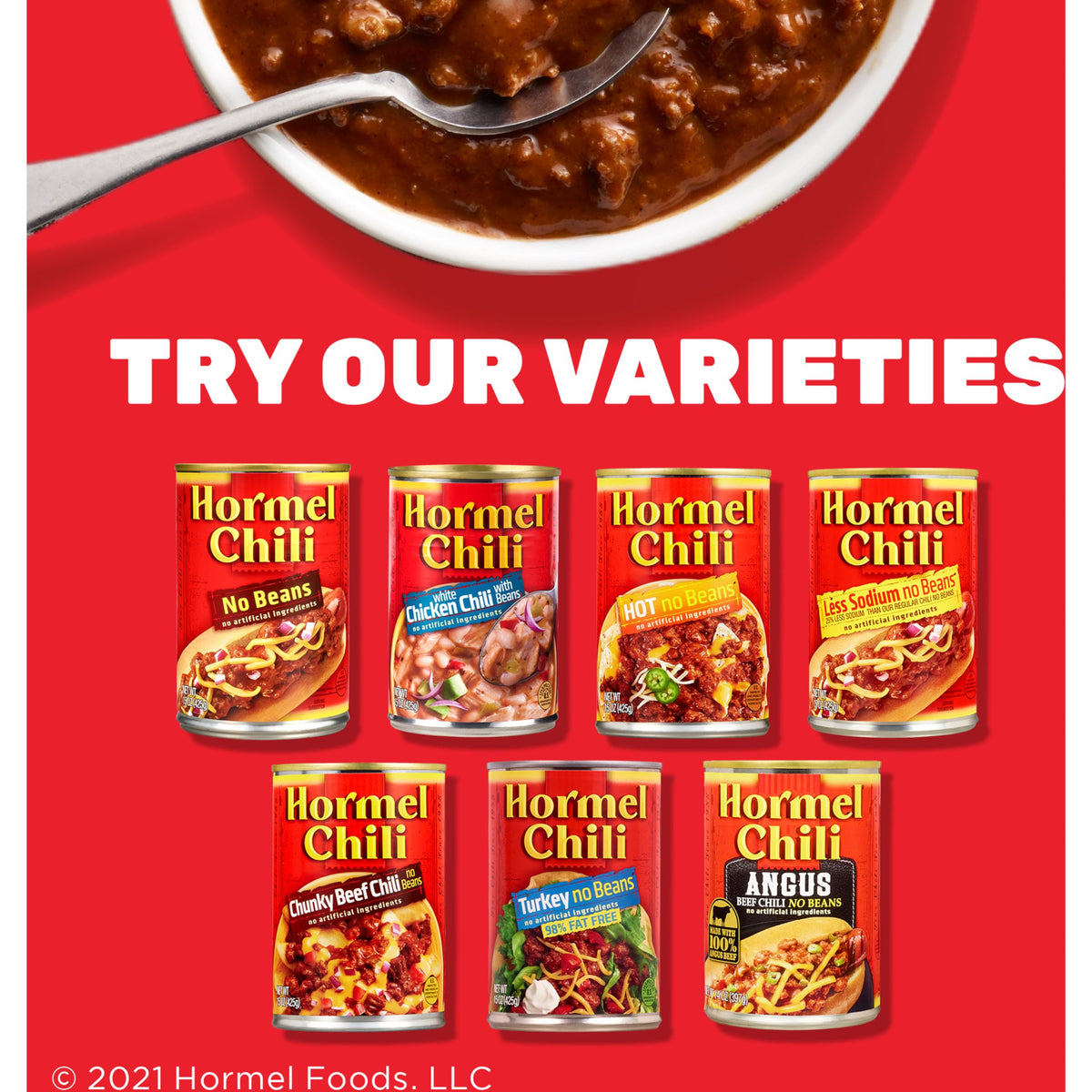 Hormel Chili with Beans 108-ounce can stored on pantry shelf.