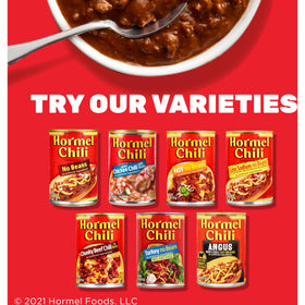 Hormel Chili with Beans 108-ounce can stored on pantry shelf.