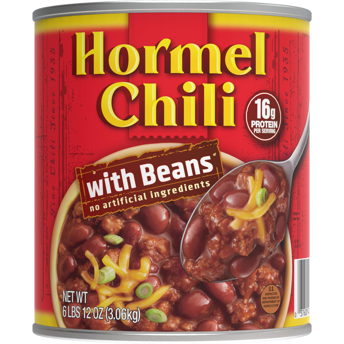 Hormel Chili with Beans 108-ounce can front view for quick, protein-rich meals.