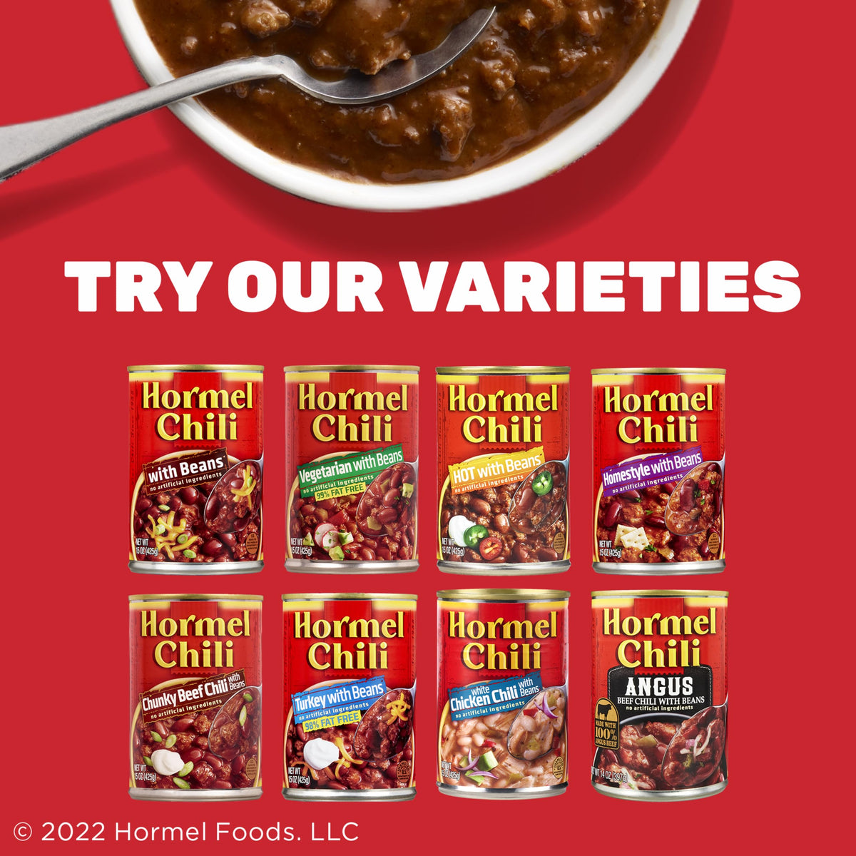 Hormel Chili with Beans twelve-pack on shelf emphasizes bulk value and convenience