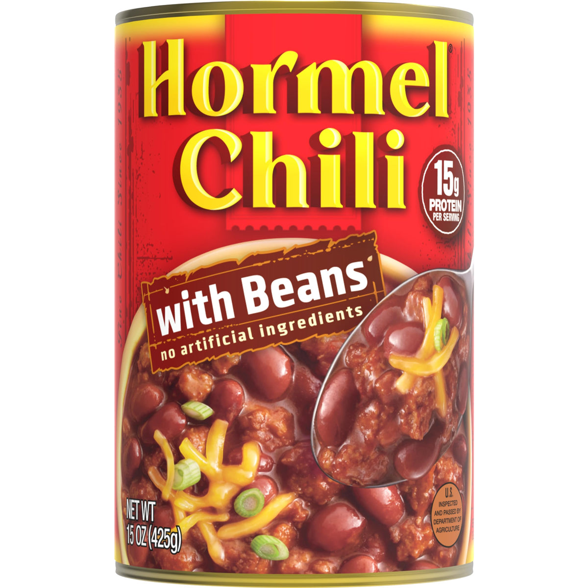 Hormel Chili with Beans 15 oz can close-up showing label and protein-rich promise