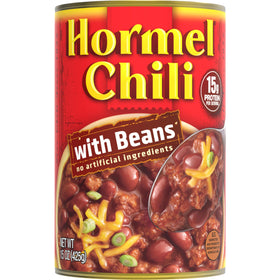 Hormel Chili with Beans 15 oz can close-up showing label and protein-rich promise