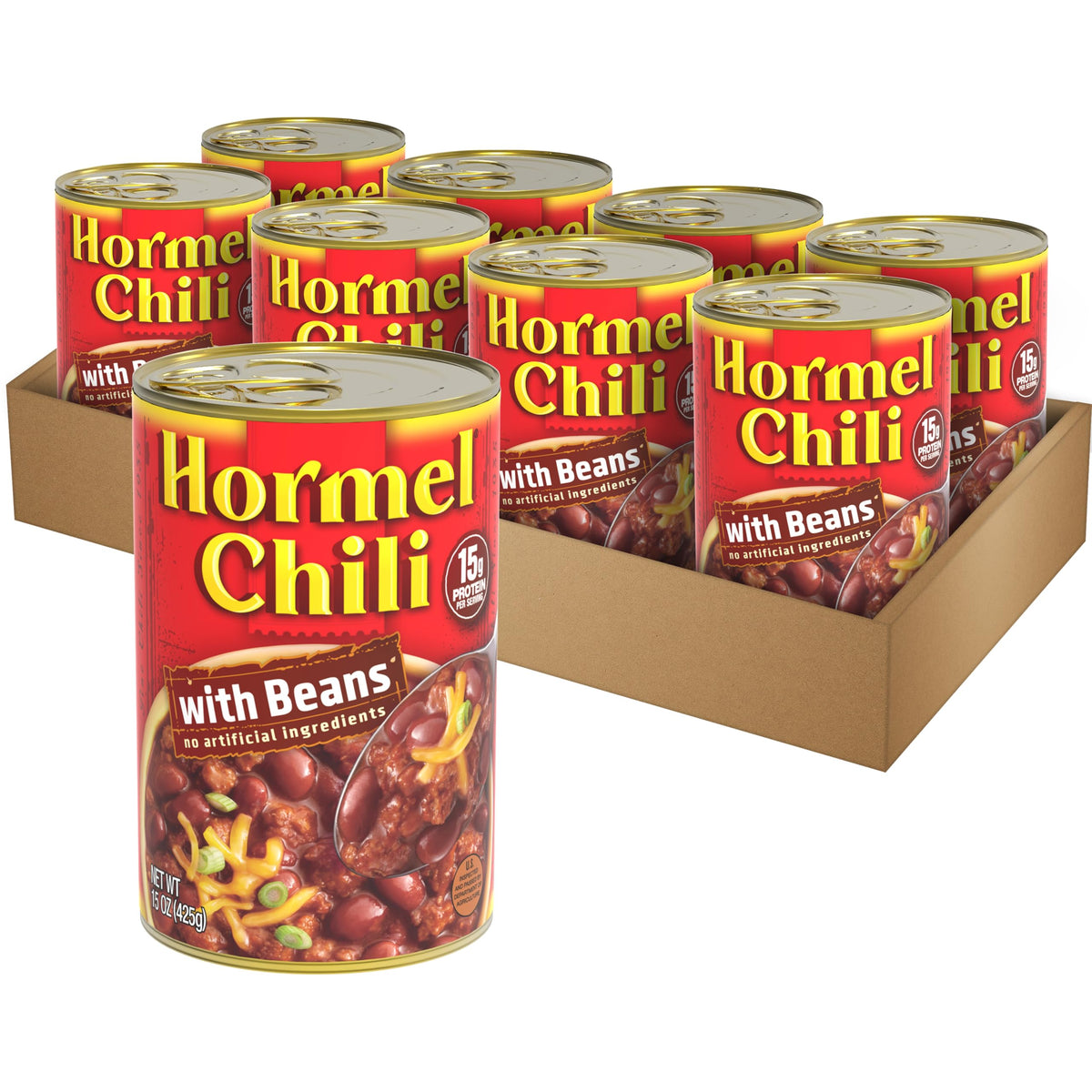 Hormel Chili with Beans 15 oz can top view for quick meals