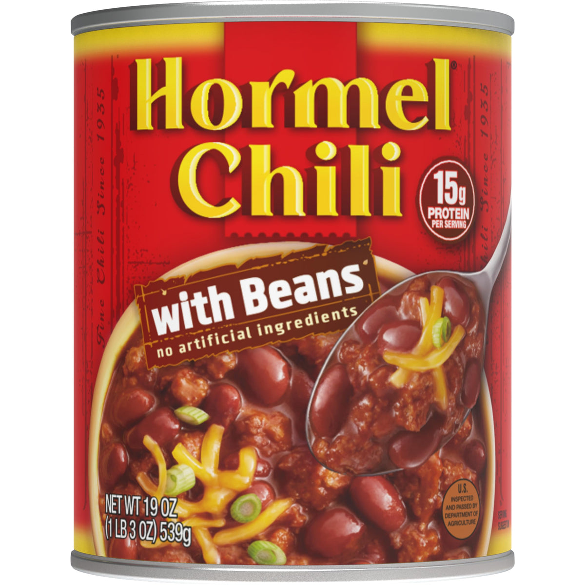 Hormel Chili with Beans 19oz can for quick, protein-rich meals.