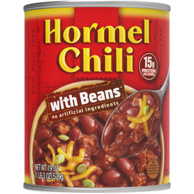 Hormel Chili with Beans 19oz can for quick, protein-rich meals.
