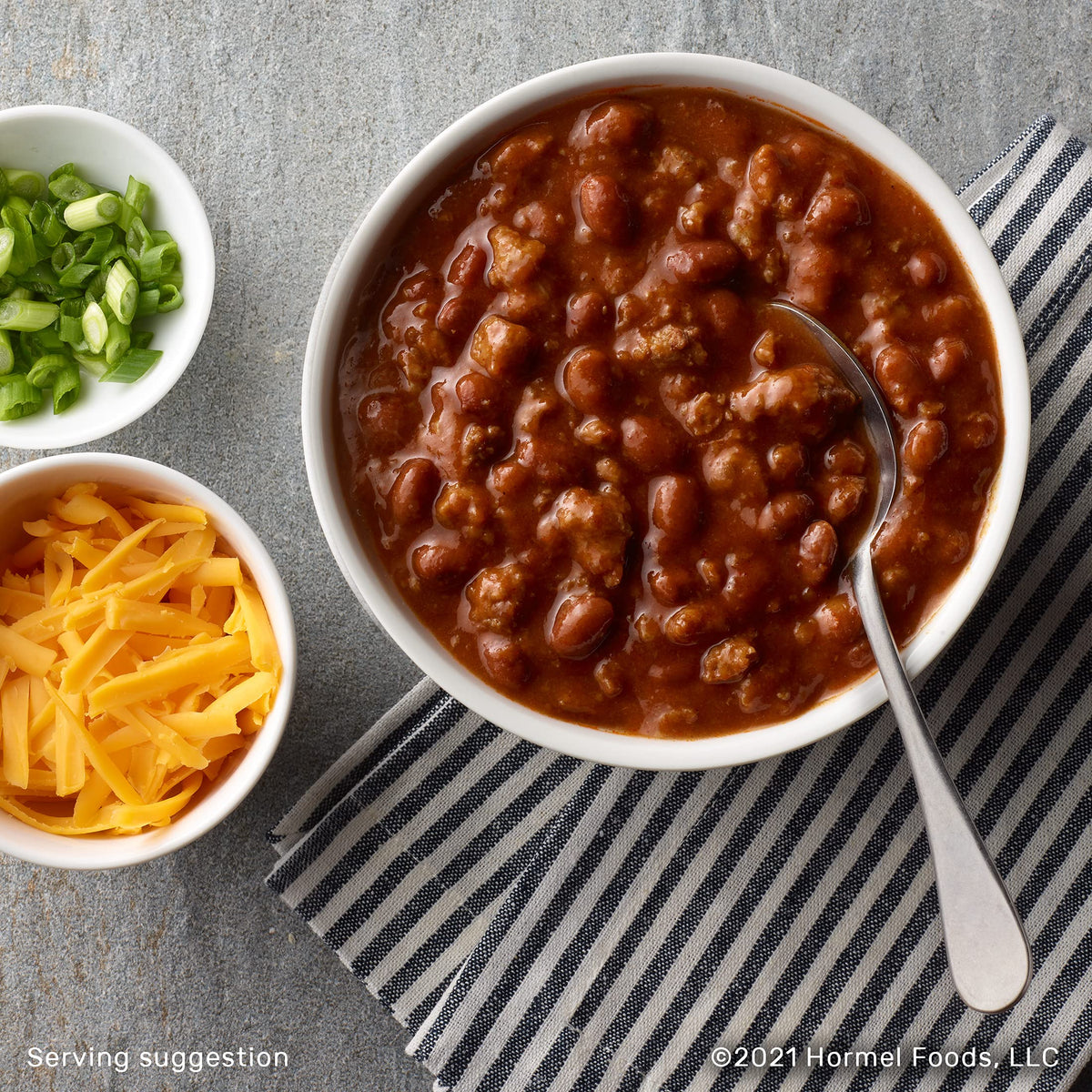 Hormel Chili with Beans served in a bowl showing hearty texture