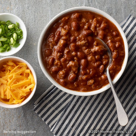 Hormel Chili with Beans served in a bowl showing hearty texture