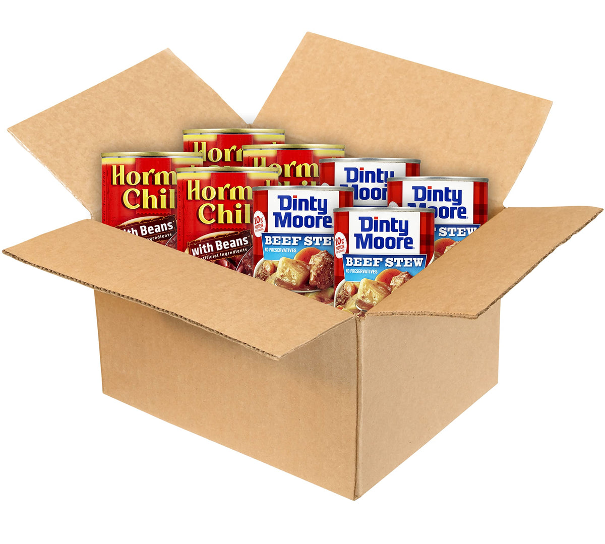 Hormel Chili with Beans cans in a pantry display, ready for quick meals.
